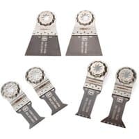 Set of six Fein StarlockPlus blades for wood and metal, featuring silver and black finishes with toothed edges.