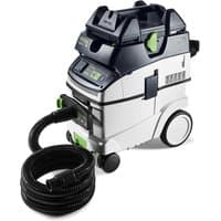 Festool CTM 36 EI AC PLANEX dust extractor, white and black with green accents, large wheels, and coiled hose.