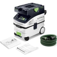 Festool CTM MIDI I AC dust extractor, white and black with green accents, hose, wheels, and control panel.