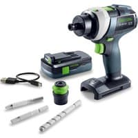 Festool toy cordless drill with green accents, battery pack, USB cable, and drill bits included.