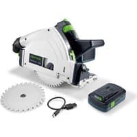White Festool toy plunge saw with black handle, green accents, circular blade, and battery pack.