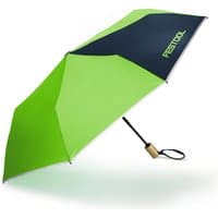 Green and black Festool Fan UMB-FT2 umbrella with wooden handle and wrist strap.