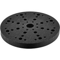 Black Festool sander interface pad, 150mm round with multiple holes, textured surface, 15mm thick.