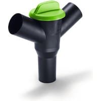 Black Y-shaped Festool dust extraction splitter with green lever for connecting two machines.