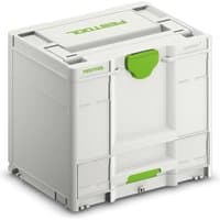 Festool Systainer Sortainer SYS3-Combi M 337, white tool case with green handle and multiple compartments.