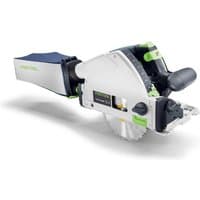 Festool TSC 55 KS 18v cordless plunge cut saw, white and green with 160mm blade and dust extraction bag.
