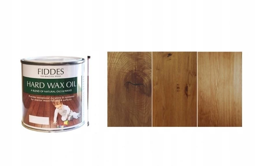 Satin Finish Hard Wax Oil by Fiddes in a 250 ml can, featuring a green label with white text, alongside three wooden panels showcasing different wood grains and finishes.