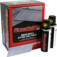 Red FirmaHold box with angled 16 gauge finishing brad nails and two black-topped gas canisters.