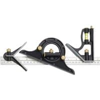 Black Fisher Combination Square Set with silver ruler, brass knobs, and built-in spirit levels.
