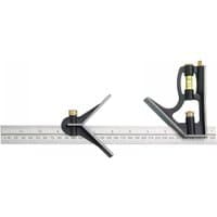 Black and silver Fisher combination square with 300mm ruler, brass knobs, and adjustable head for precise measurements.