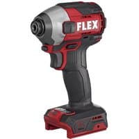 Red and black Flex cordless brushless impact driver with ergonomic grip and 18v battery slot.