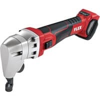 "Red and black Flex cordless brushless nibbler with ergonomic grip and silver cutting head"