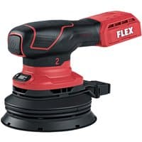 Black and red Flex cordless random orbit sander with 125mm pad and ergonomic grip.