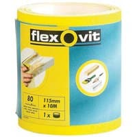 Yellow Flexovit sanding roll, 115mm x 10m, medium grit 80G, with blue label and product images.