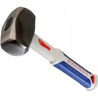 Club hammer with black metal head, white and blue fibreglass shaft, red Footprint logo on handle.