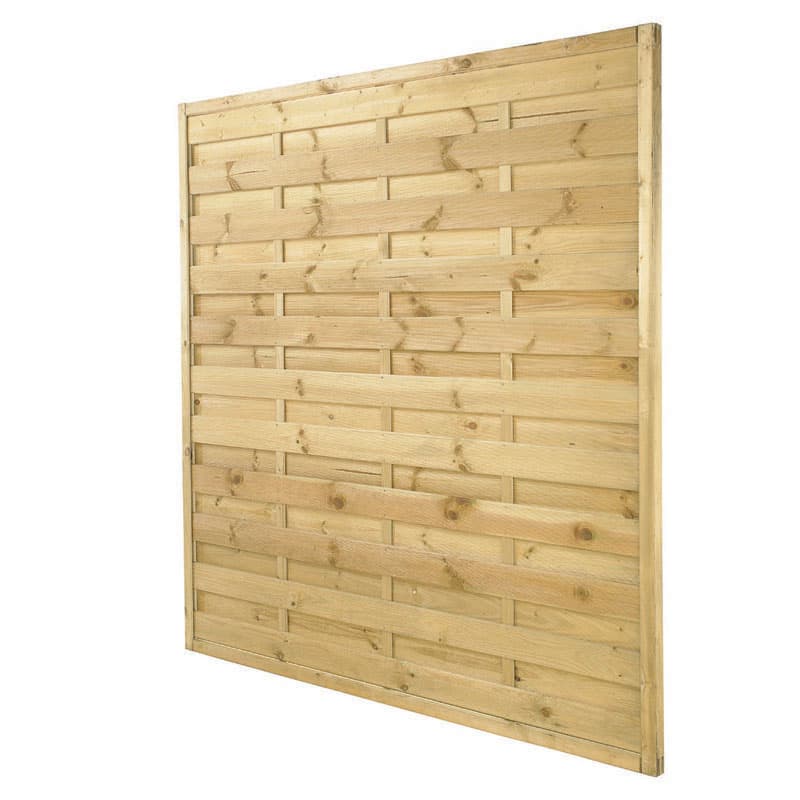 Lightly stained wooden fence panel featuring a plain, decorative design with horizontal slats, measuring 6' x 6' (1.8m x 1.8m), made from pressure-treated timber.