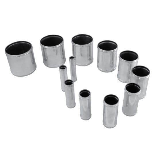 Silver alloy hose joiners in various lengths and diameters, featuring a smooth, polished finish and black rubber inner lining for secure connections.