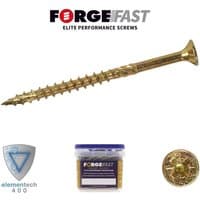 ForgeFast Elite Fast-Start Woodscrews, gold-colored, 4.0 x 25mm, tub of 1600, with sharp tip and spiral threads.