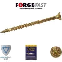 ForgeFast Elite Fast-Start Woodscrews, gold-colored, 6.0 x 130mm, box of 100, with sharp tip and spiral threads.