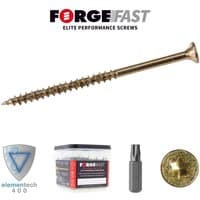 ForgeFast Elite Low-Torque Woodscrews, gold-colored, 5.0 x 60mm, tub of 500, with sharp tip and deep thread design.