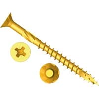 Gold Forgefix Forgefast Pozi wood screw with countersunk head and sharp point, plus close-up of Pozi drive detail.