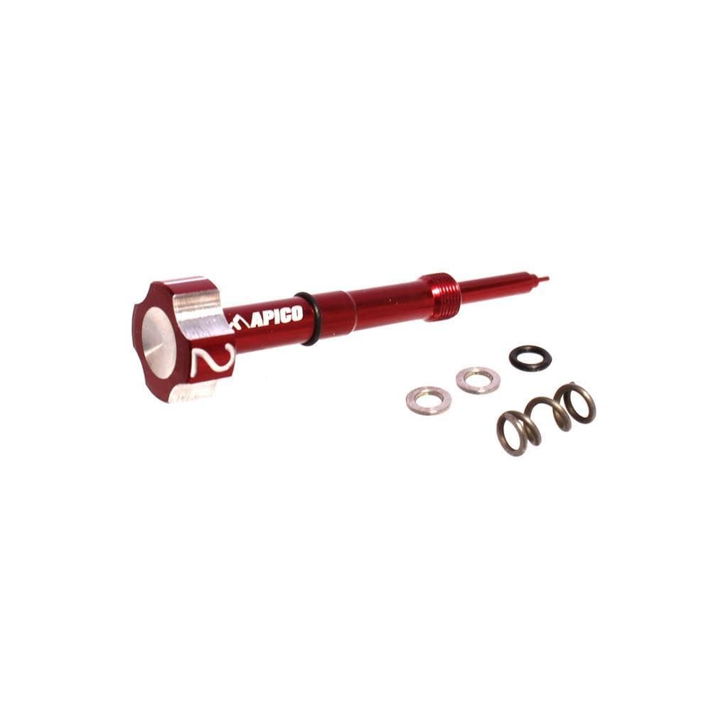Red aluminum fuel mixture screw with a hexagonal head, featuring the Apico logo, accompanied by several washers and O-rings for installation.