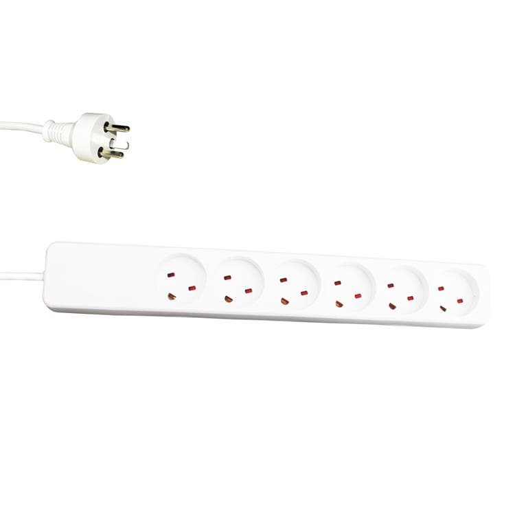 White power extension cord with six AC outlets, featuring a 3-meter length and a plug on one end, designed for indoor use.