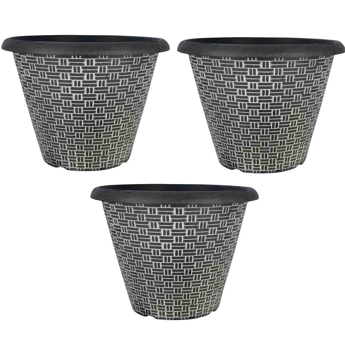 Three grey, woven-effect planters made of durable material, each measuring 30.5 cm, featuring a textured design and a smooth black rim.