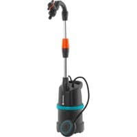 Gardena 4000/1 submersible water pump, black with blue accents, long handle, and orange nozzle attachment.