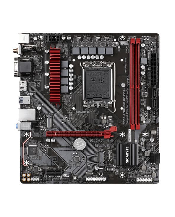 GIGABYTE B760M GAMING AC DDR4 motherboard in black with red accents, featuring multiple slots for RAM, PCIe, and connectors for Intel Core 14th Gen processors.