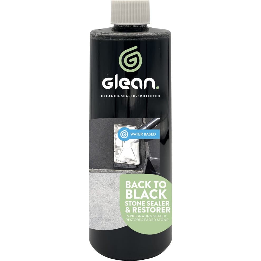 Glean Black Stone Restorer & Sealer in a 500ml black bottle with a green label, featuring a water-based formula for restoring faded stone surfaces.