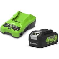 Green and black Greenworks 24V lithium-ion battery with matching charger, featuring LED indicators and compact design.