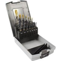 Guhring 12-piece spiral flute drill and tap set in gray case, featuring gold and black drill bits from M3 to M10 sizes.
