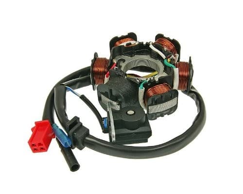 101 Octane GY15039 alternator stator featuring a circular design with copper windings, a black base, and a wiring harness with a red connector, compatible with Sym Fiddle II 125 (2009-2015).