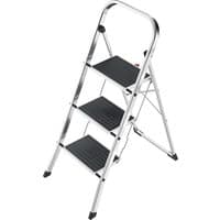Hailo aluminium step ladder with three black steps, silver frame, and safety bar, supports up to 150 kg.