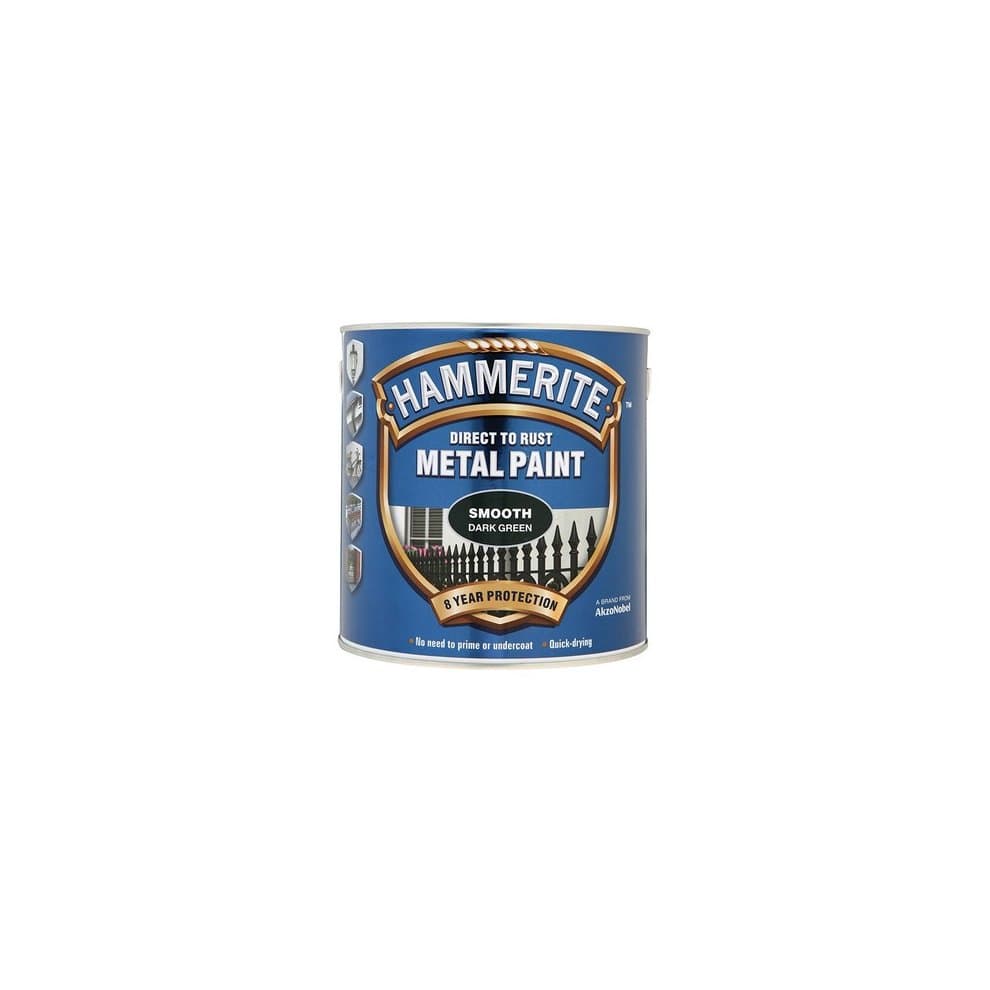 Hammerite Direct to Rust Smooth Finish Metal Paint in Dark Green, featuring a blue can with a prominent logo and details about its rust protection and smooth application.
