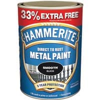 Hammerite Smooth Finish Metal Paint can, blue label, red top with "33% Extra Free," black smooth finish indicator.