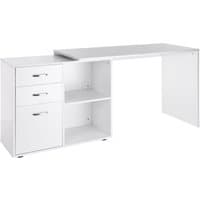 White L-shaped desk with drawer, shelf, and file cabinet, featuring sleek handles and minimalist design.