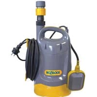 Gray and yellow Hozelock submersible water pump with a handle, attached cord, and float switch.