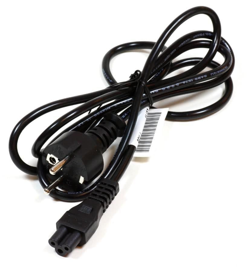Black 1.8m 3-wire power cord with a standard plug on one end and a connector designed for HP devices on the other, featuring a flexible rubber material.