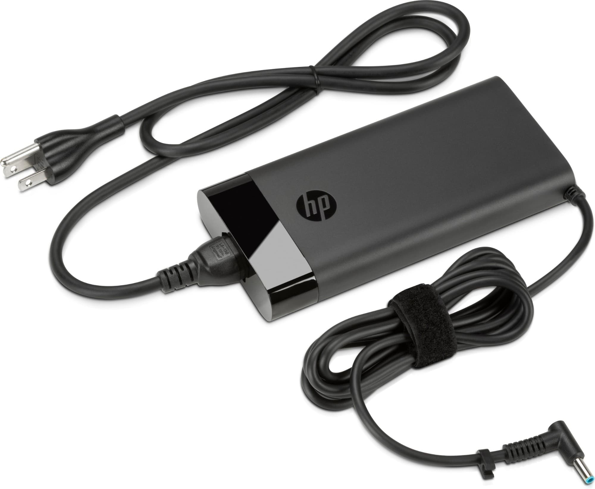 Black HP 200W Slim Smart AC Adapter with a glossy finish, featuring a 4.5mm connector and two cables, one with a plug and the other for connection to a device.