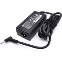 Black HP 45W AC Adapter with EU plug, rectangular shape, attached cable with blue-tipped connector, and Velcro strap.
