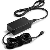 Black HP 65W USB-C LC power adapter with rectangular block, attached cable, and separate coiled USB-C cord.