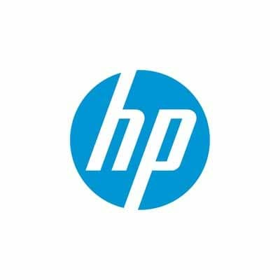 Black HP 8PV68AV power adapter with a compact design, featuring a 65 W output, and the HP logo prominently displayed in blue on a circular background.