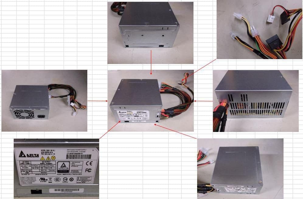HPE 350W non-hot-plug power supply unit with a silver metal casing, featuring multiple colored cables and connectors, and labeled with technical specifications on the back.
