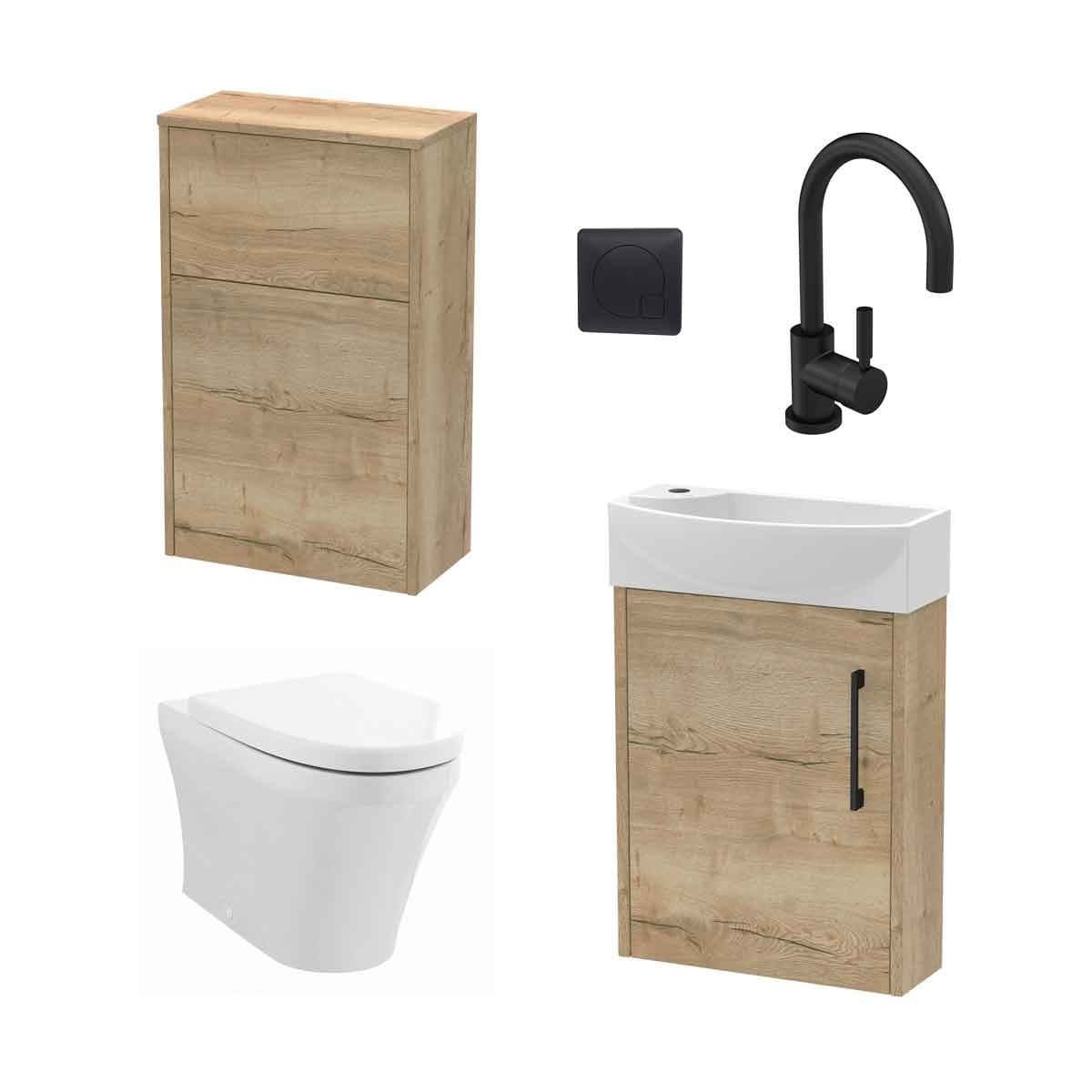 Wall-hung toilet and sink unit in autumn oak finish, featuring a sleek white basin, black tap, and minimalist design with two storage drawers.
