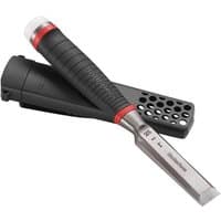 Heavy-duty chisel with a 25mm steel blade, black ergonomic handle, red accents, and protective sheath.