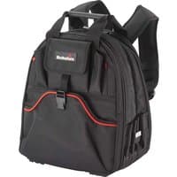 Black Hultafors tool backpack with red accents, multiple compartments, and padded shoulder straps.