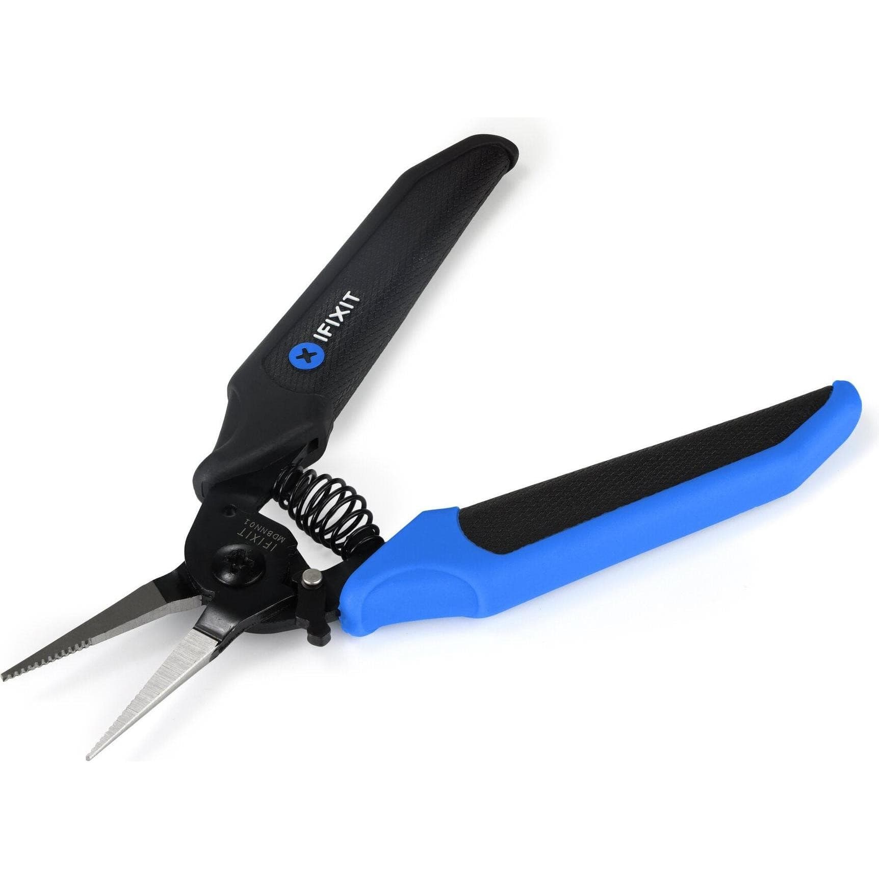 Black and blue needle-nose pliers with a spring-loaded mechanism, featuring sharp, pointed tips and textured rubber grips for enhanced handling.