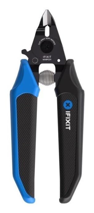 Mandible flush cutters with a black and blue ergonomic handle, featuring a sharp metal cutting edge and a spring-loaded mechanism for easy use.